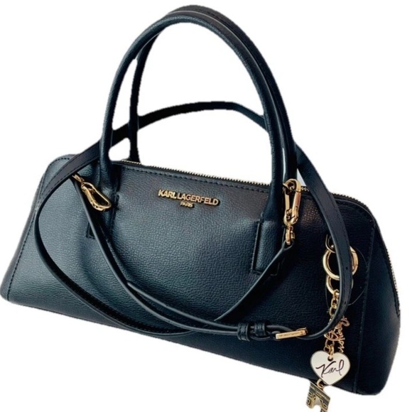 Karl Lagerfeld Handbags - NWT Women KARL LAGERFELD Long Black Genuine Leather Satchel East West Bag Charms